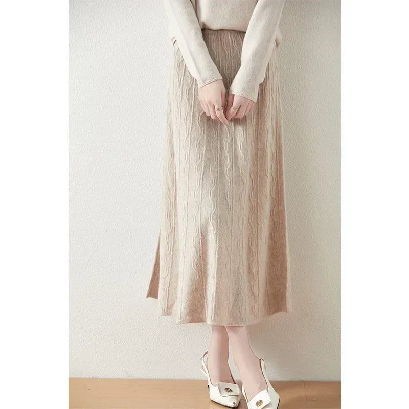 Women's Cable Knit Midi Skirt – High Waist Knitted Skirt
