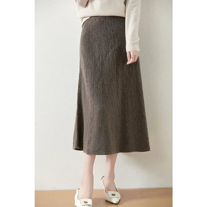 Women's Cable Knit Midi Skirt – High Waist Knitted Skirt