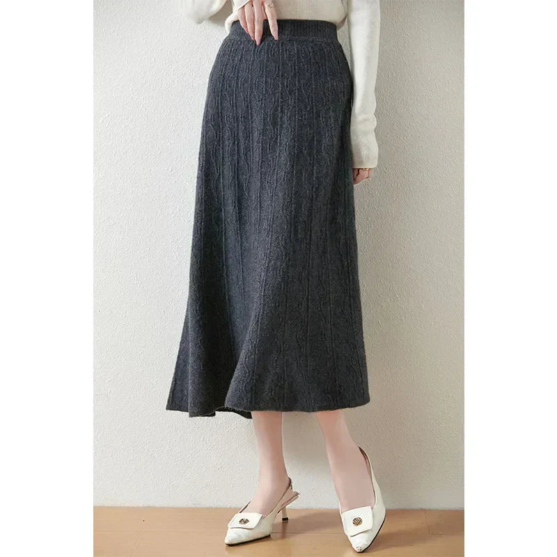 Women's Cable Knit Midi Skirt – High Waist Knitted Skirt