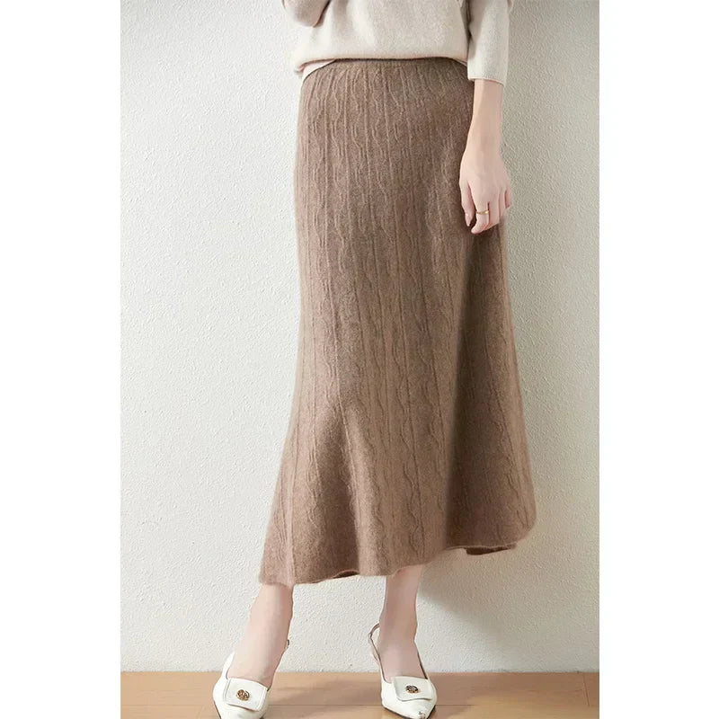 Women's Cable Knit Midi Skirt – High Waist Knitted Skirt