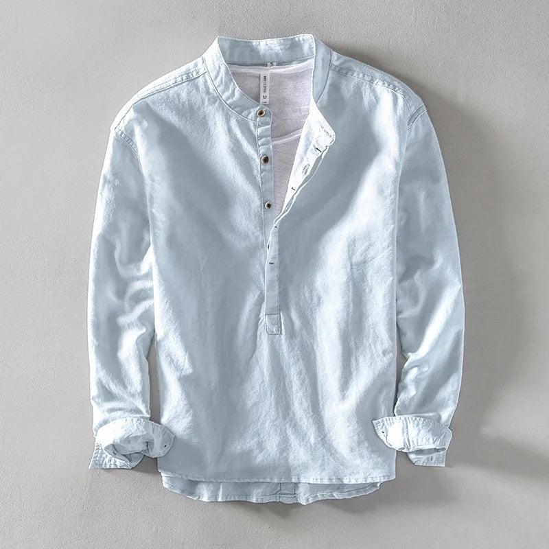 Men's Grandad Collar Popover Shirt in Light Blue