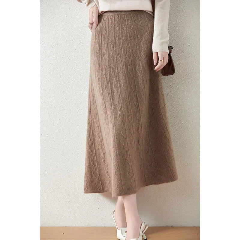 Women's Cable Knit Midi Skirt – High Waist Knitted Skirt