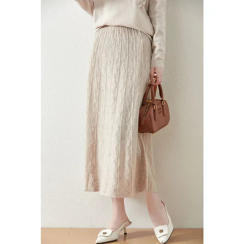 Women's Cable Knit Midi Skirt – High Waist Knitted Skirt