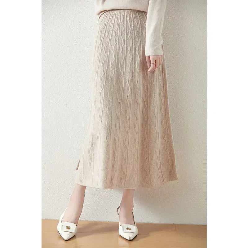 Women's Cable Knit Midi Skirt – High Waist Knitted Skirt