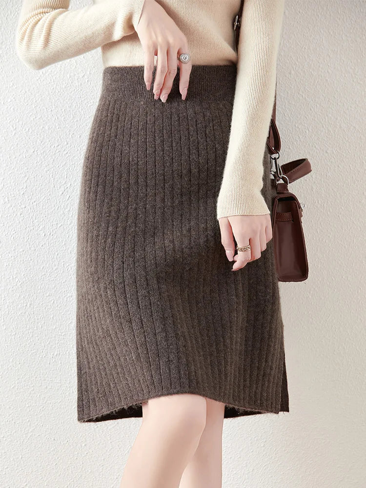 Women's Ribbed Knit Skirt – Knee Length Elastic Waist Skirt