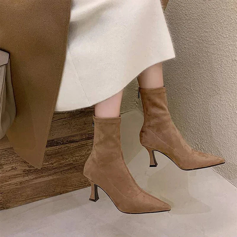 Women's Ankle Boots in khaki – Pointed Toe Heeled Suede Look Boots