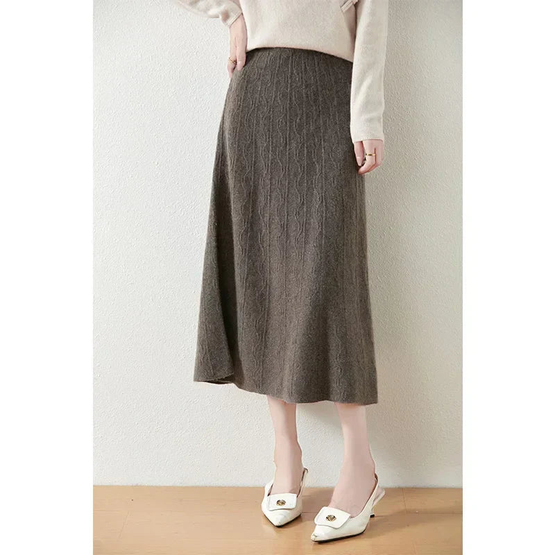 Women's Cable Knit Midi Skirt – High Waist Knitted Skirt