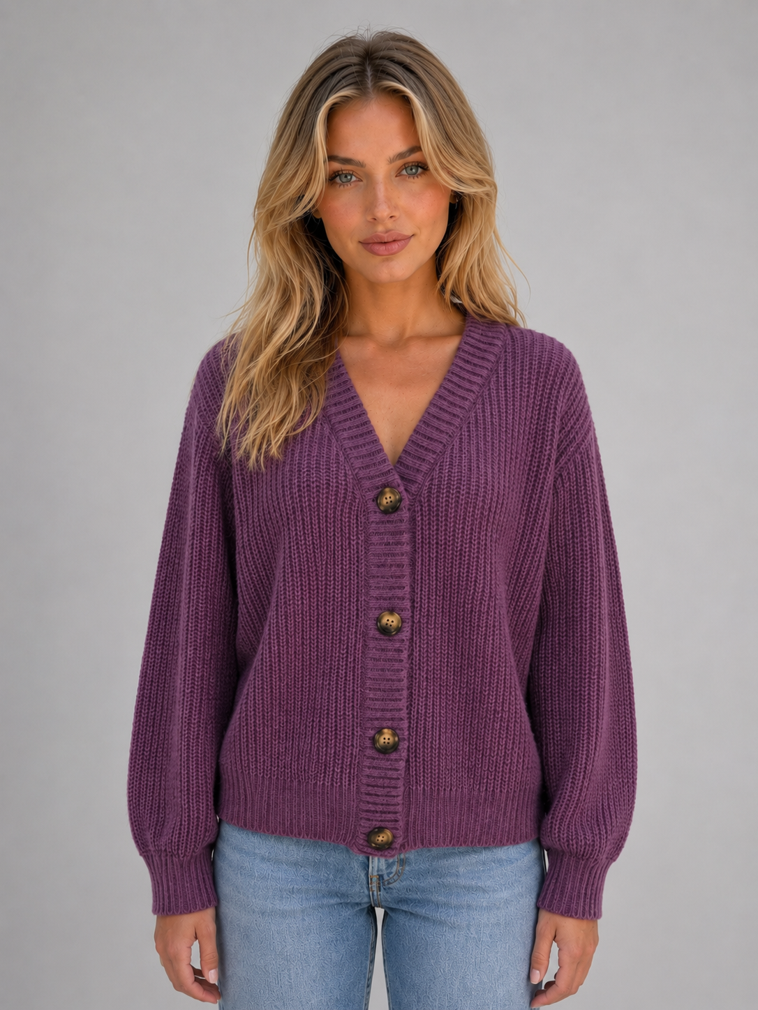 Women's Chunky Knit Cardigan – Button Front V-Neck Soft Ribbed Jumper