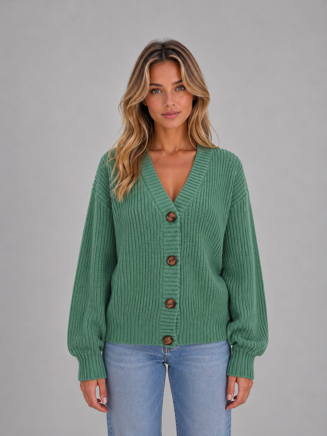 Women's Chunky Knit Cardigan – Button Front V-Neck Soft Ribbed Jumper