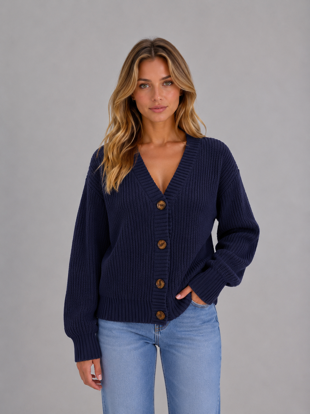 Women's Chunky Knit Cardigan – Button Front V-Neck Soft Ribbed Jumper