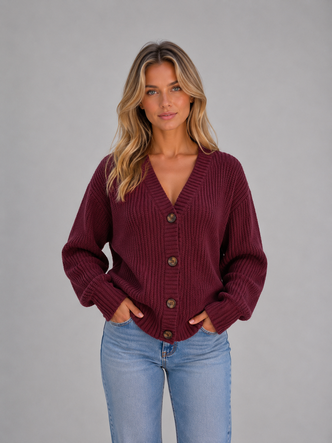 Women's Chunky Knit Cardigan – Button Front V-Neck Soft Ribbed Jumper