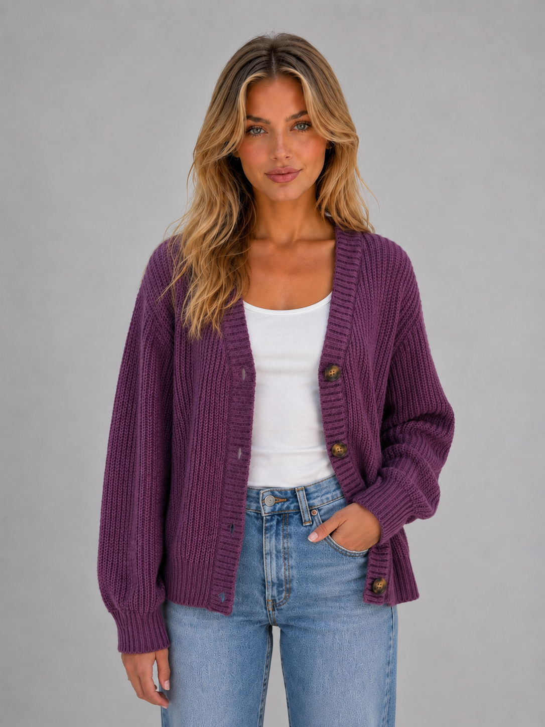 Women's Chunky Knit Cardigan – Button Front V-Neck Soft Ribbed Jumper