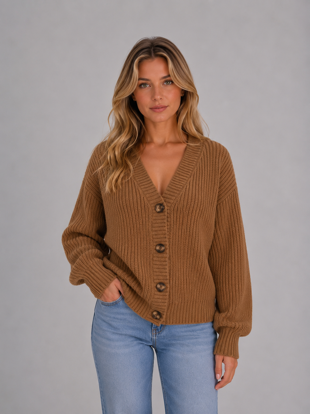 Women's Chunky Knit Cardigan – Button Front V-Neck Soft Ribbed Jumper
