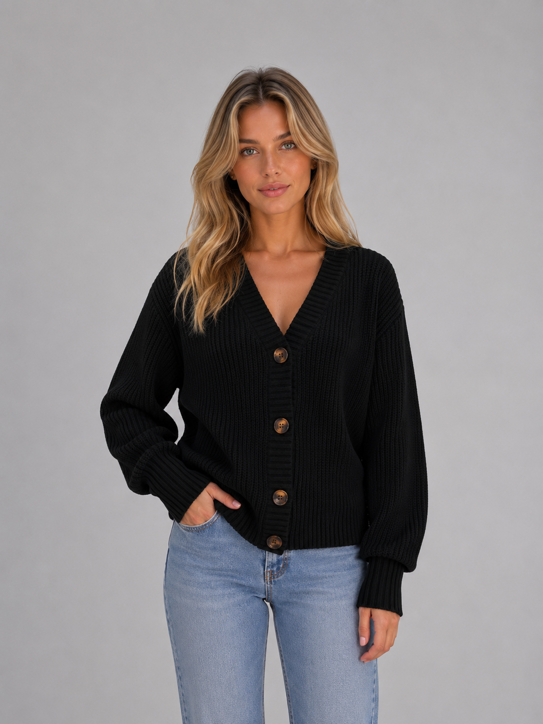 Women's Chunky Knit Cardigan – Button Front V-Neck Soft Ribbed Jumper