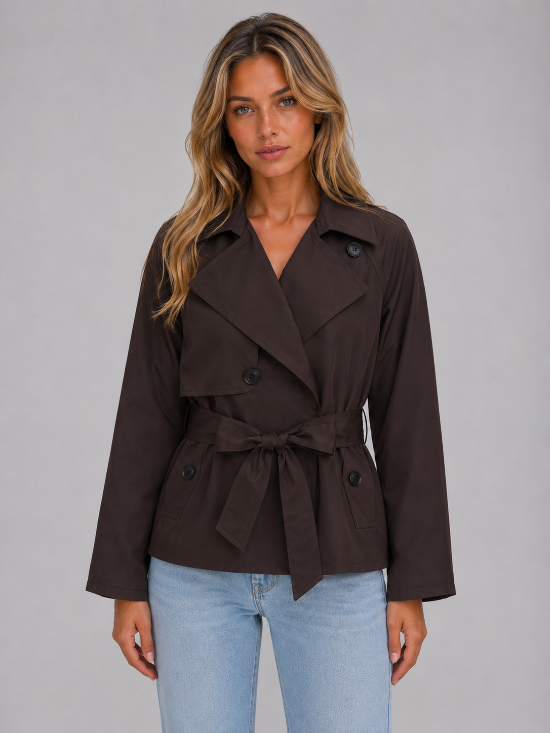 Women's Cropped Trench Jacket – Double Breasted Tie Waist Coat