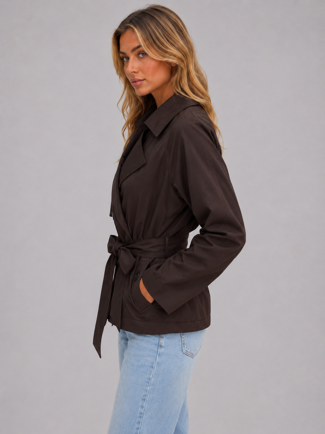 Women's Cropped Trench Jacket – Double Breasted Tie Waist Coat