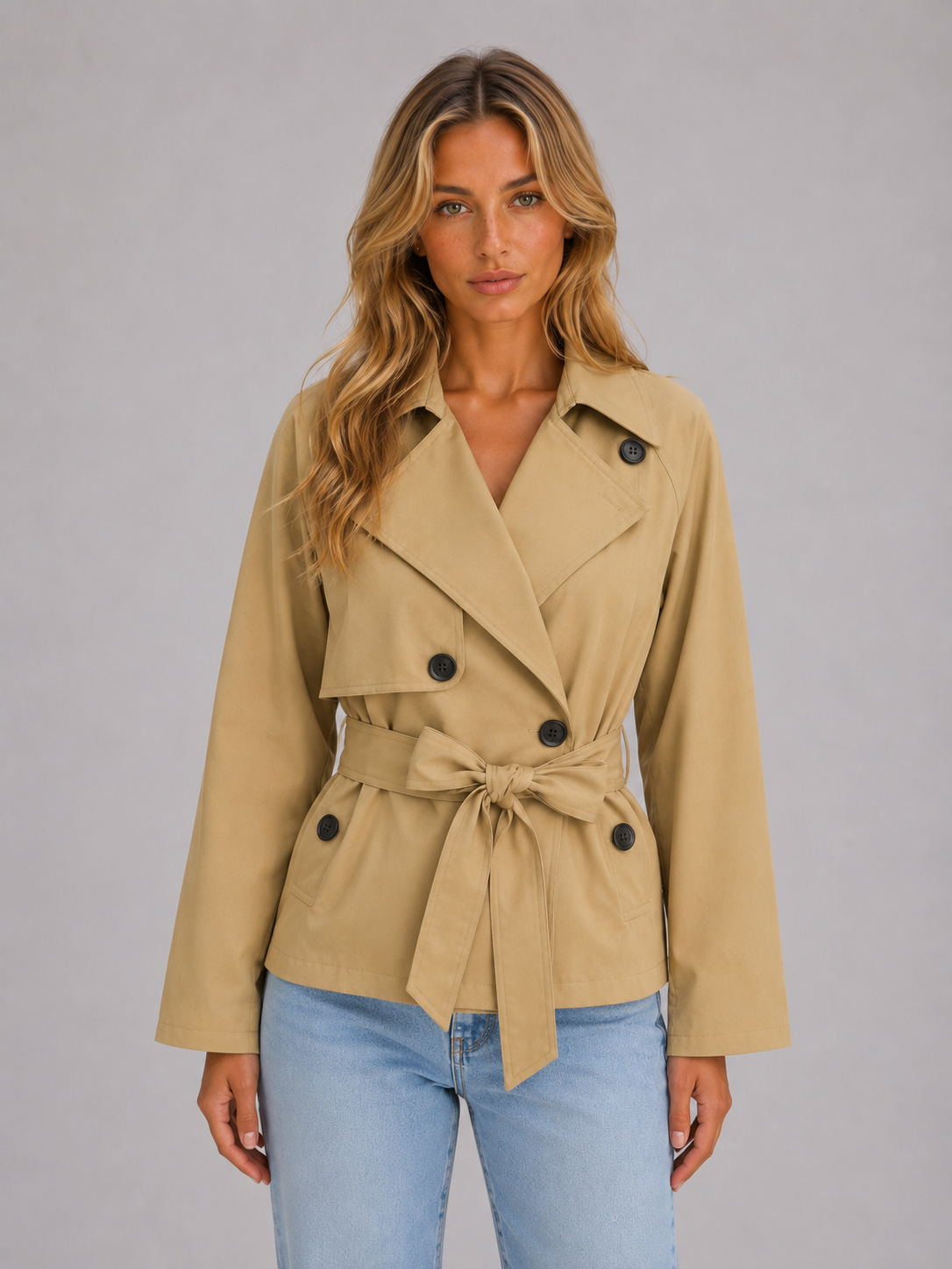 Women's Cropped Trench Jacket – Double Breasted Tie Waist Coat