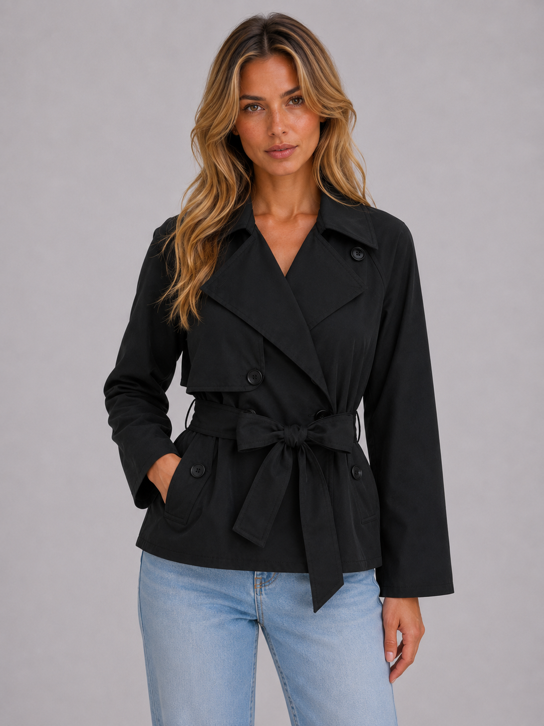 Women's Cropped Trench Jacket – Double Breasted Tie Waist Coat