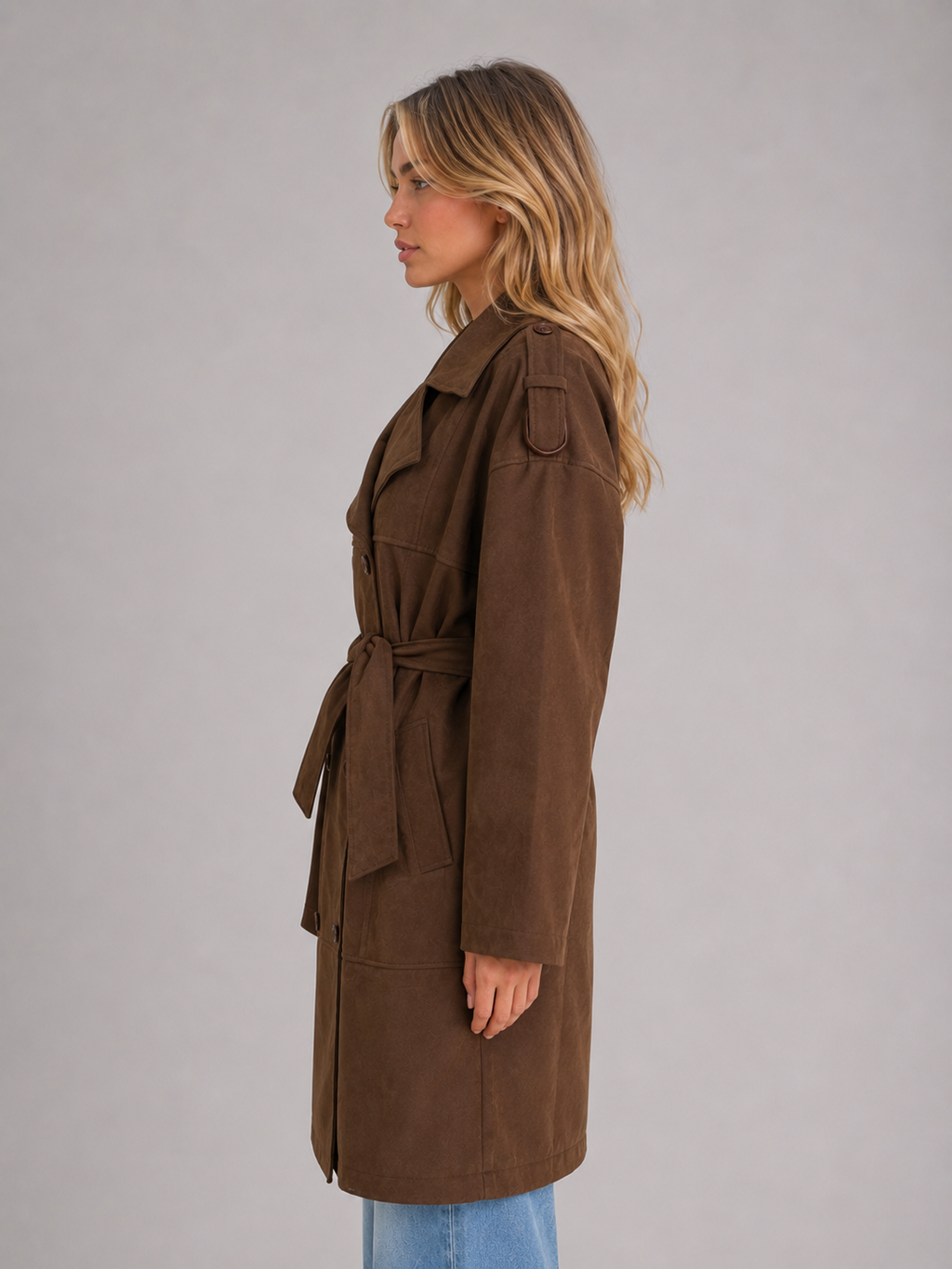 Women's Suede Look Trench Coat – Belted Long Double-Breasted Style