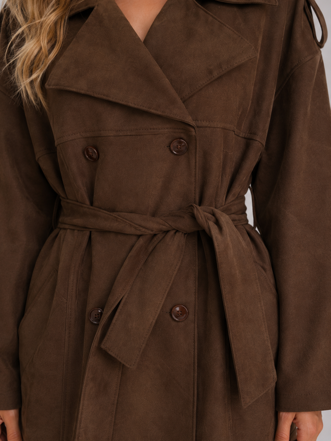Women's Suede Look Trench Coat – Belted Long Double-Breasted Style