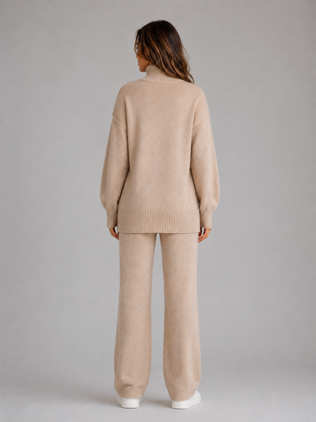 Women's Oversized Knitted Lounge Set – Roll Neck Jumper & Wide Leg Trousers
