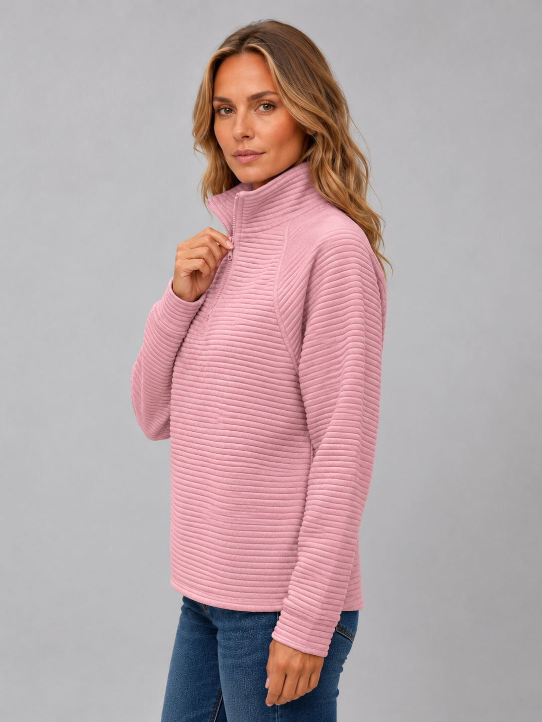 Women's Ribbed Half Zip Pullover – Casual Knit Zip Neck Jumper