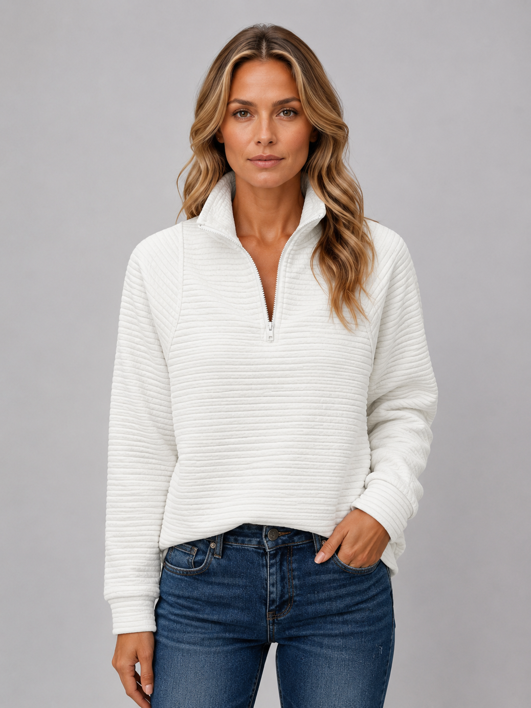 Women's Ribbed Half Zip Pullover – Casual Knit Zip Neck Jumper