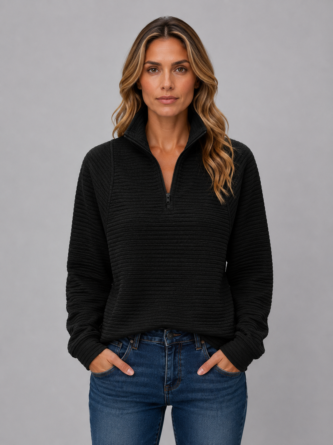 Women's Ribbed Half Zip Pullover – Casual Knit Zip Neck Jumper