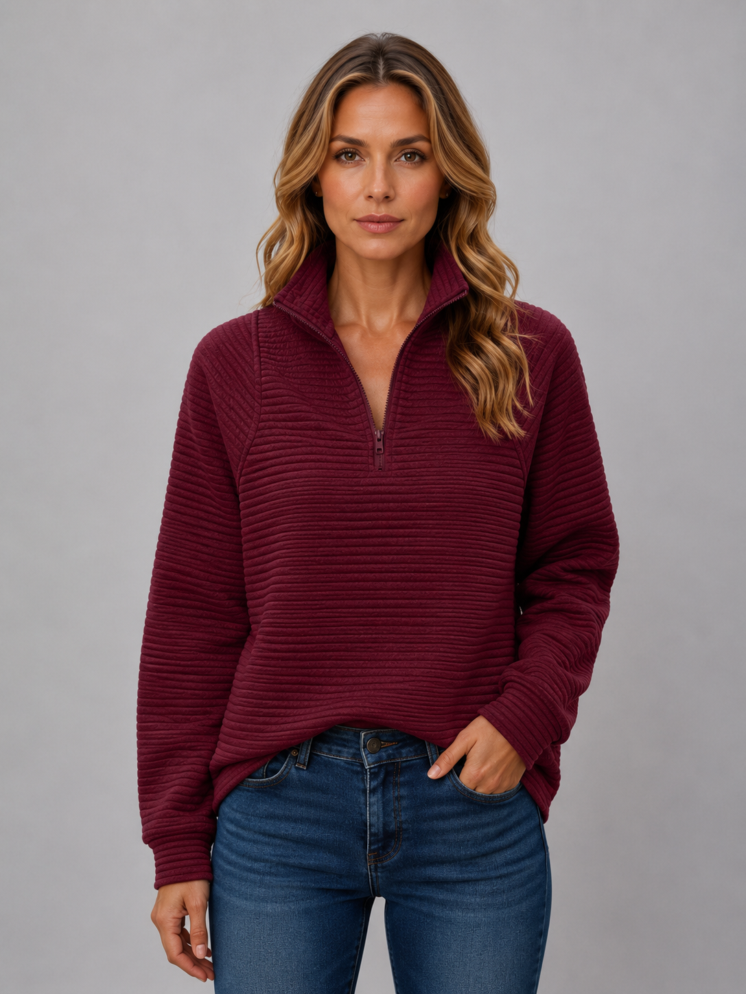 Women's Ribbed Half Zip Pullover – Casual Knit Zip Neck Jumper