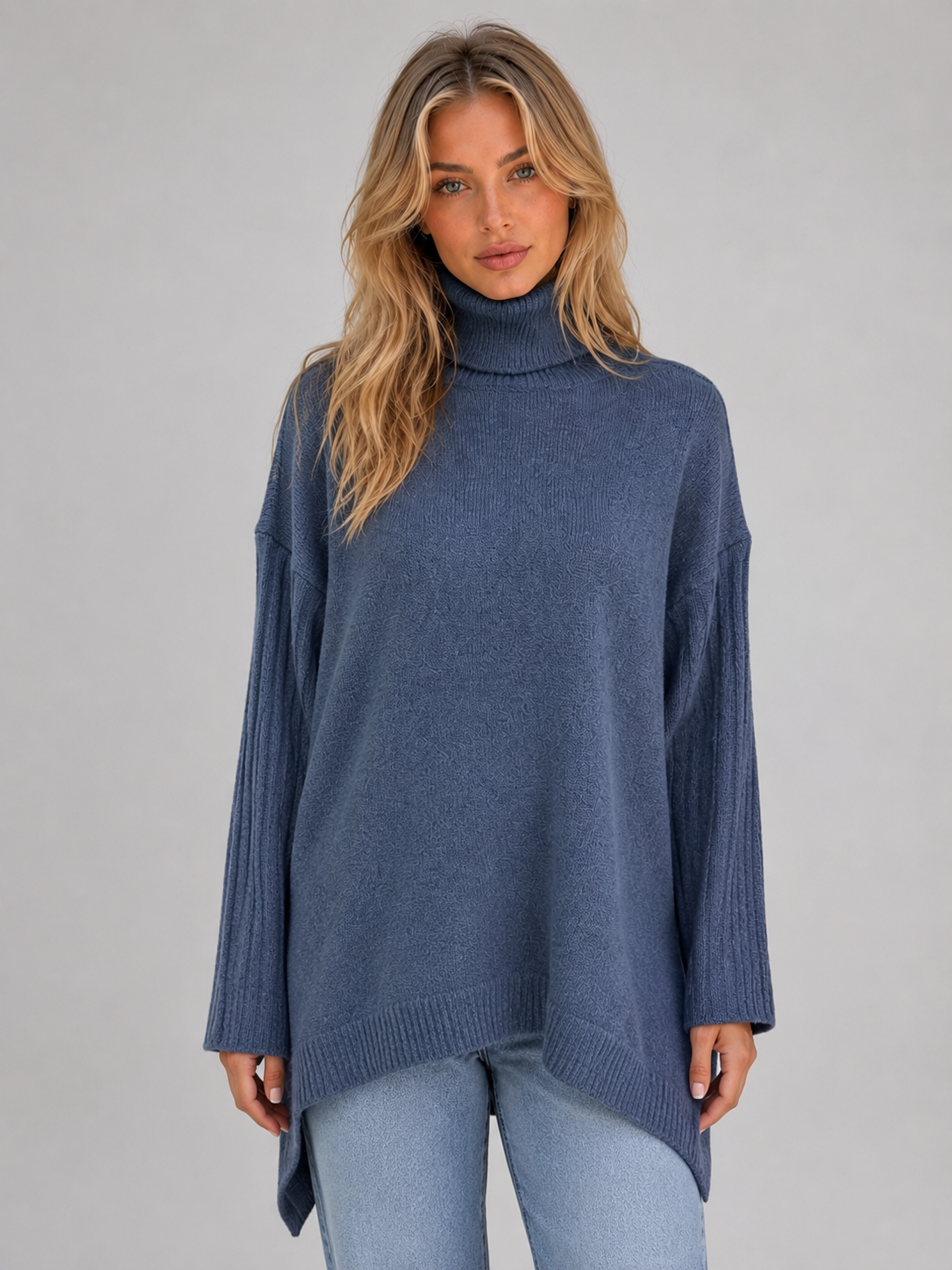 Women's Roll Neck Oversized Jumper – Soft Knit Longline Sweater