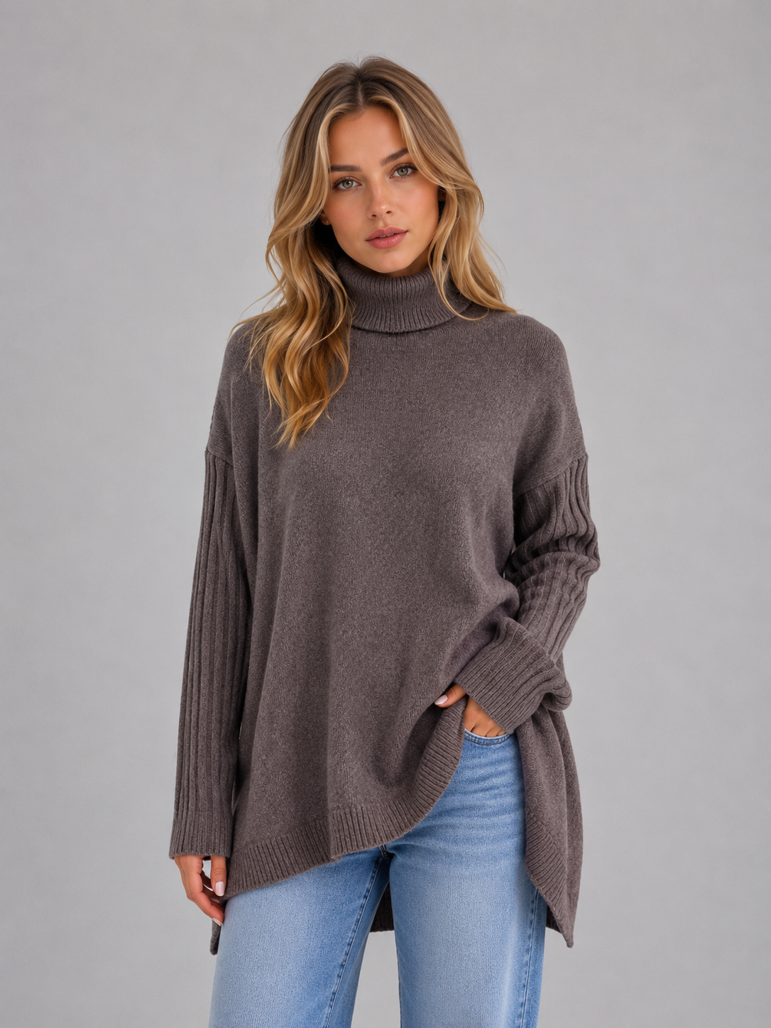 Women's Roll Neck Oversized Jumper – Soft Knit Longline Sweater