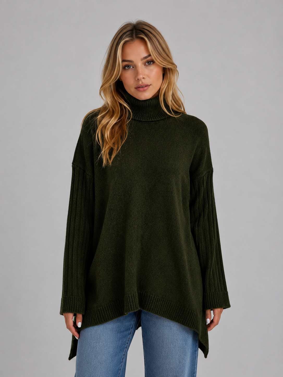 Women's Roll Neck Oversized Jumper – Soft Knit Longline Sweater