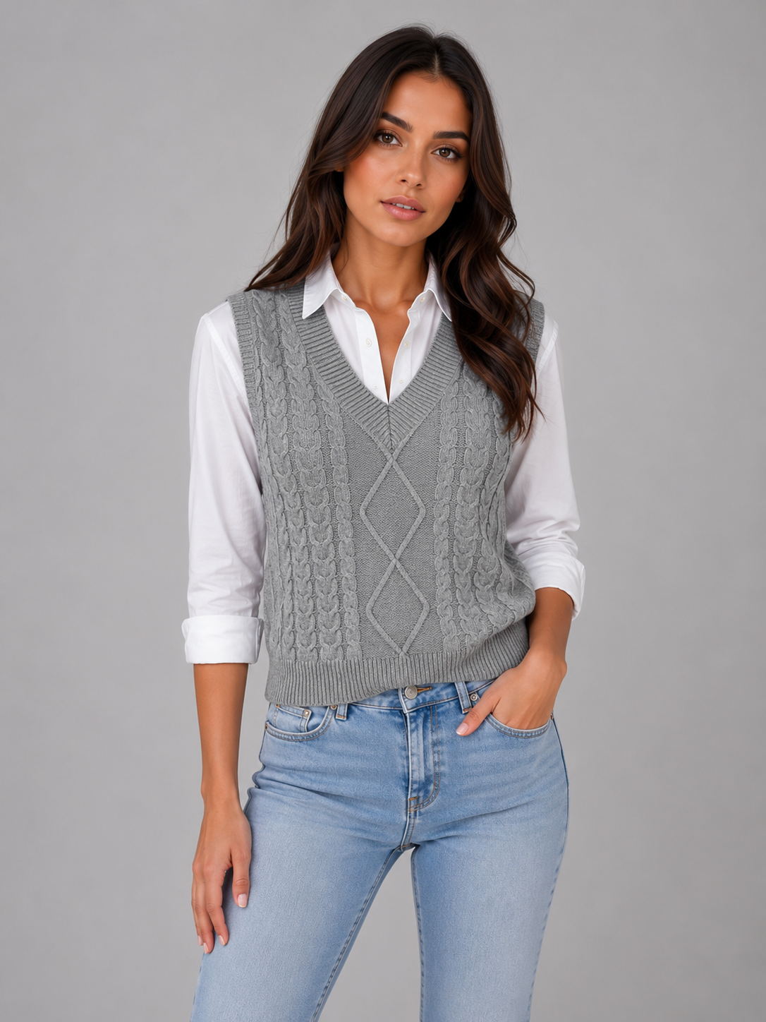 Women's Sleeveless Cable Knit Sweater Vest – V-Neck Knitted Waistcoat
