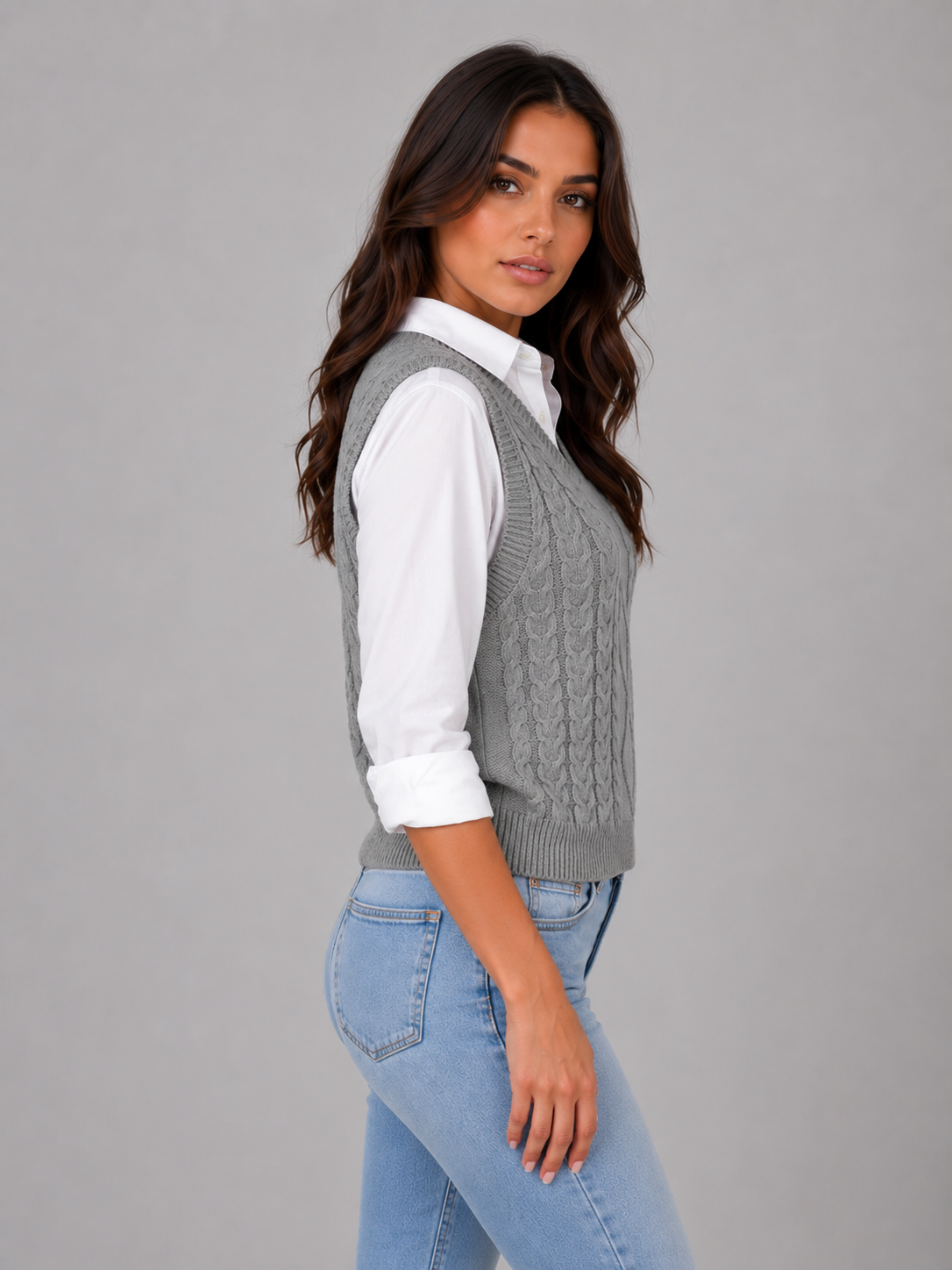 Women's Sleeveless Cable Knit Sweater Vest – V-Neck Knitted Waistcoat