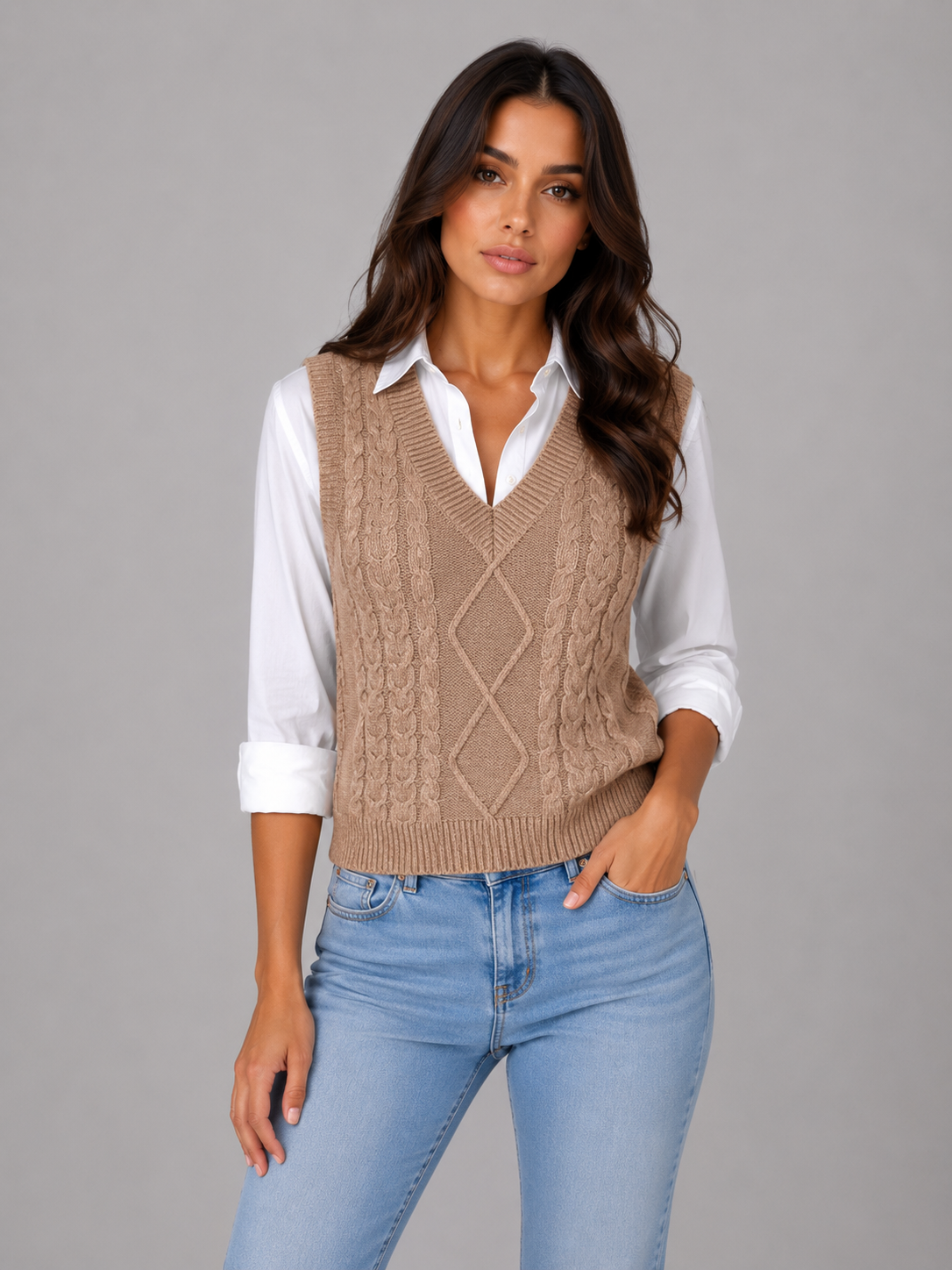Women's Sleeveless Cable Knit Sweater Vest – V-Neck Knitted Waistcoat
