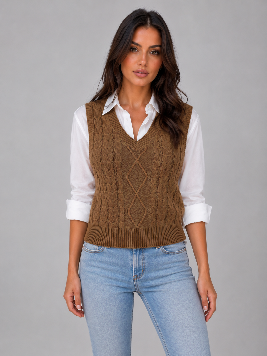 Women's Sleeveless Cable Knit Sweater Vest – V-Neck Knitted Waistcoat