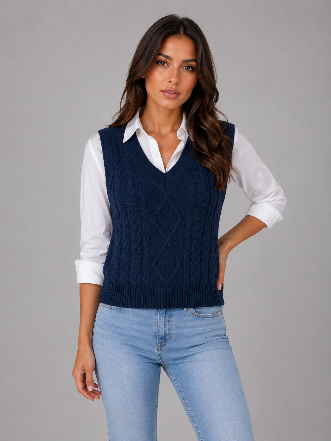 Women's Sleeveless Cable Knit Sweater Vest – V-Neck Knitted Waistcoat