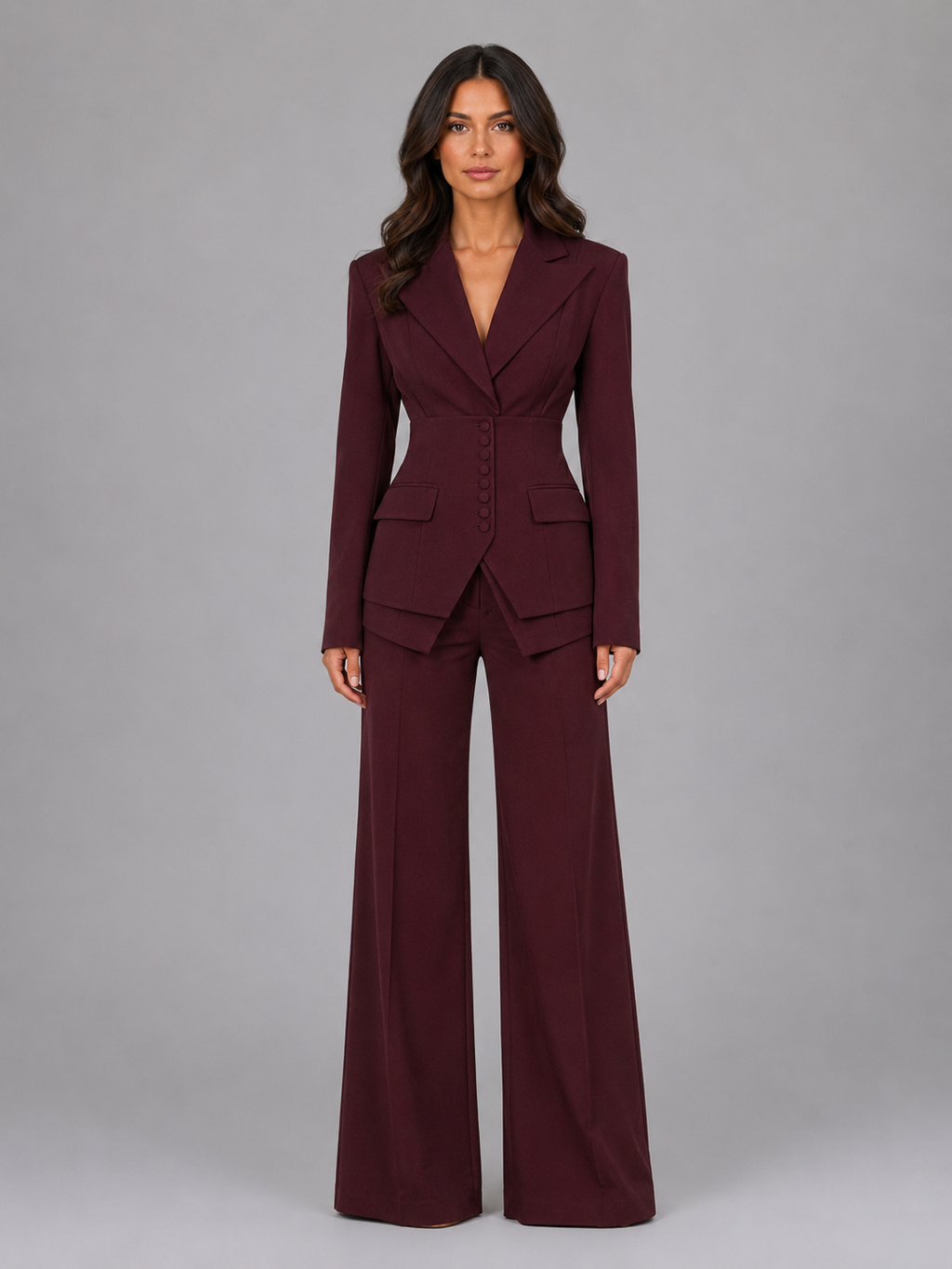 Women’s Tailored Three-Piece Suit – Cinched Waist & Wide-Leg Trousers