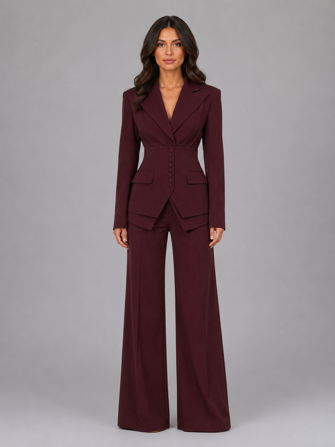 Women’s Tailored Three-Piece Suit – Cinched Waist & Wide-Leg Trousers