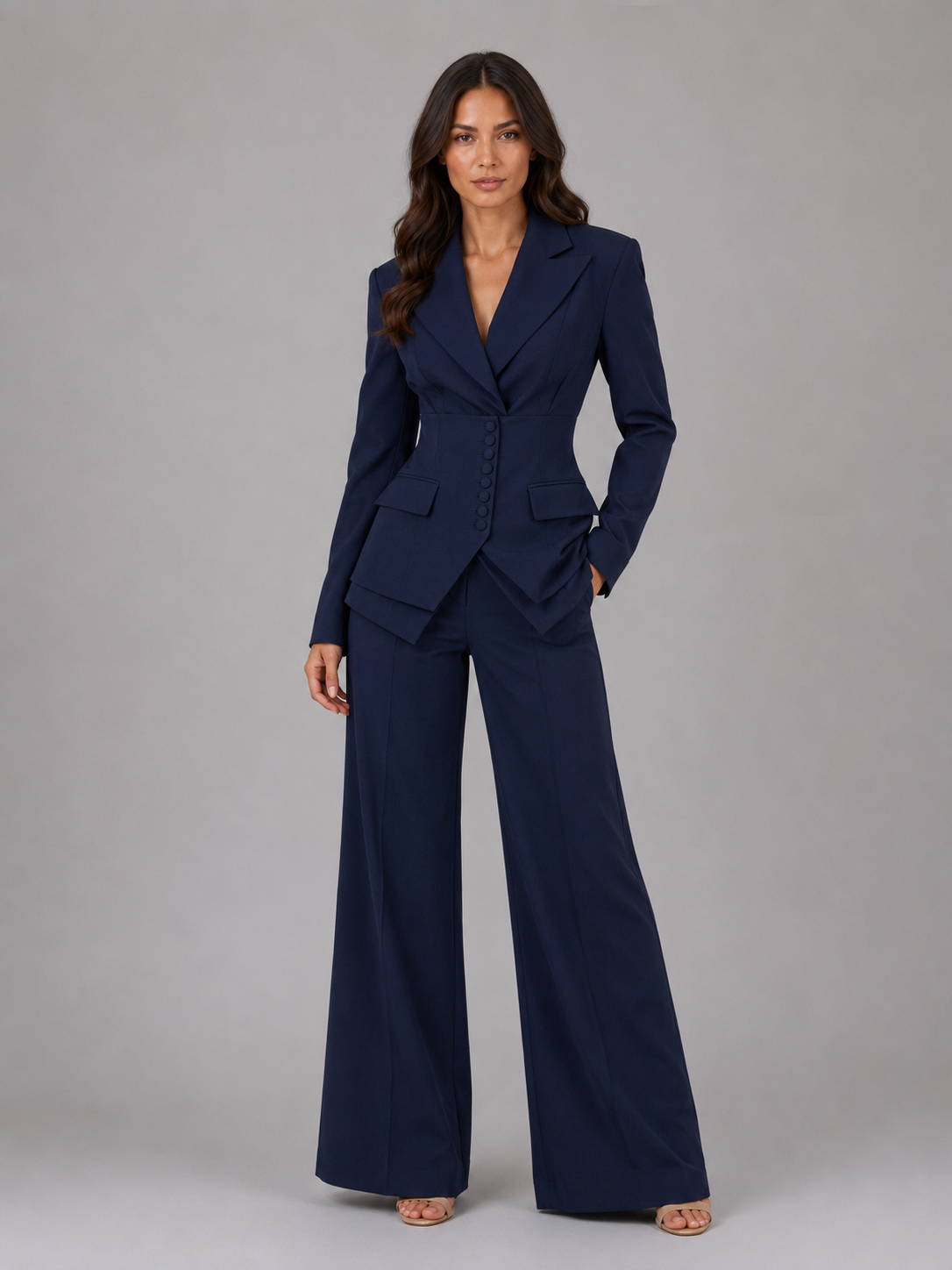 Women's Tailored Two Piece Suit – Cinched Waist Blazer and Wide Leg Trousers