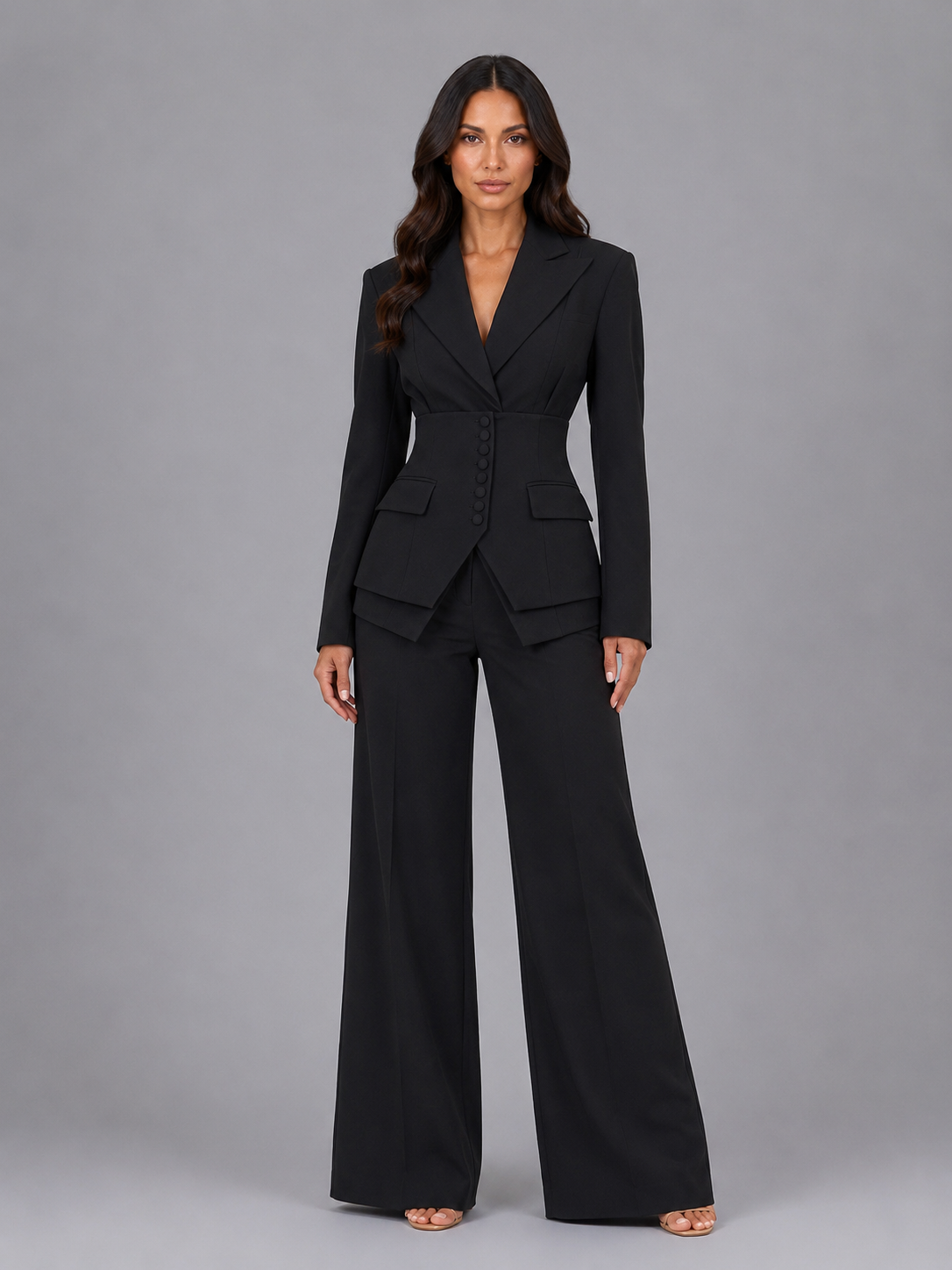Women's Tailored Two Piece Suit – Cinched Waist Blazer and Wide Leg Trousers