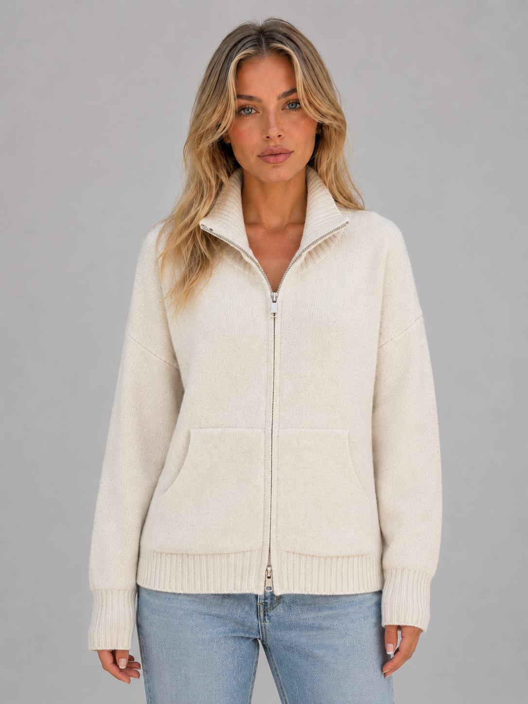 Women's Zip Up Knitted Sweater – Soft Funnel Neck Knit Jacket