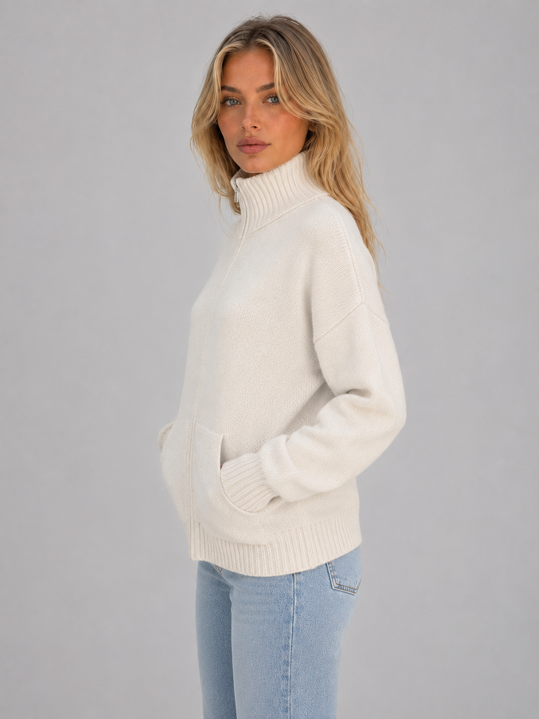 Women's Zip Up Knitted Sweater – Soft Funnel Neck Knit Jacket