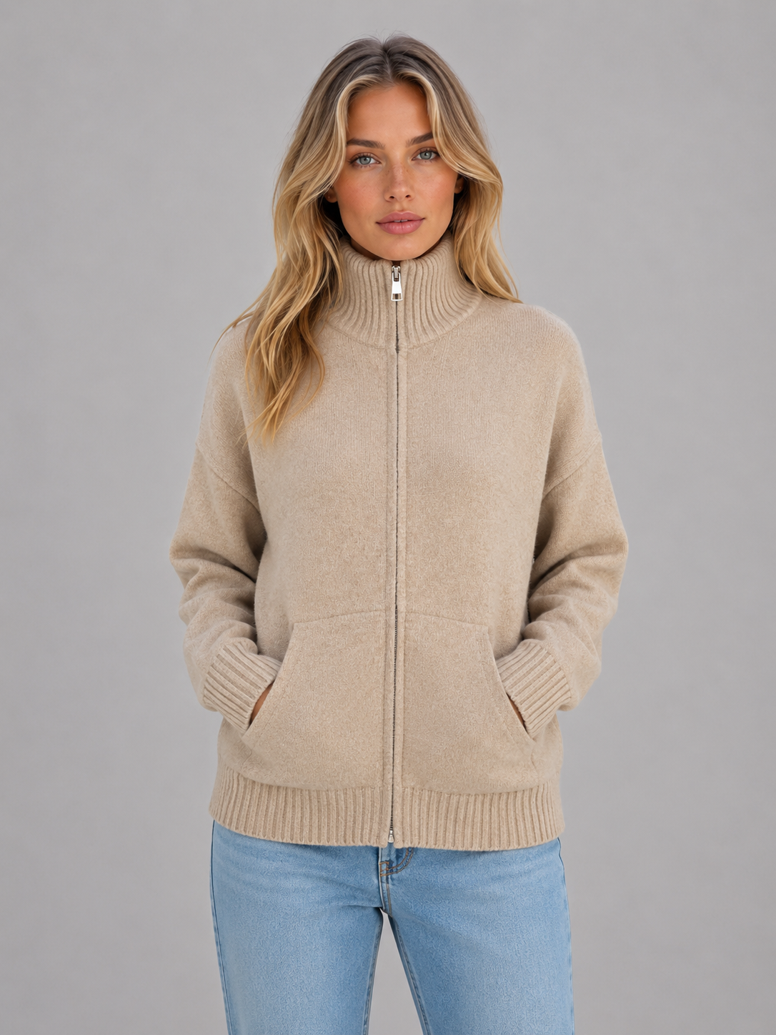 Women's Zip Up Knitted Sweater – Soft Funnel Neck Knit Jacket