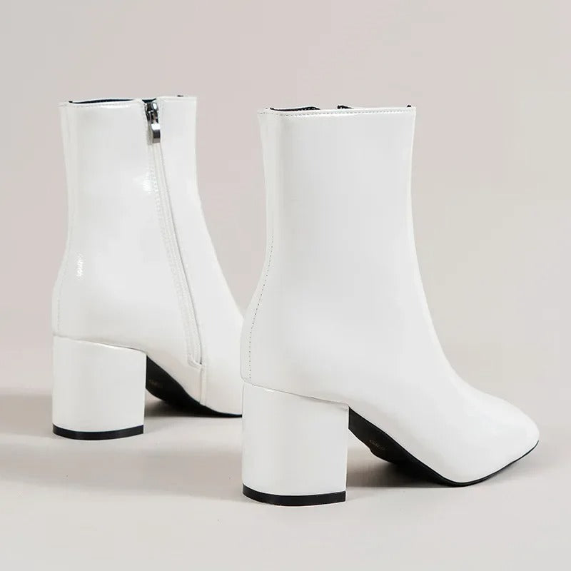 Women's white ankle boots with pointed toe and block heel