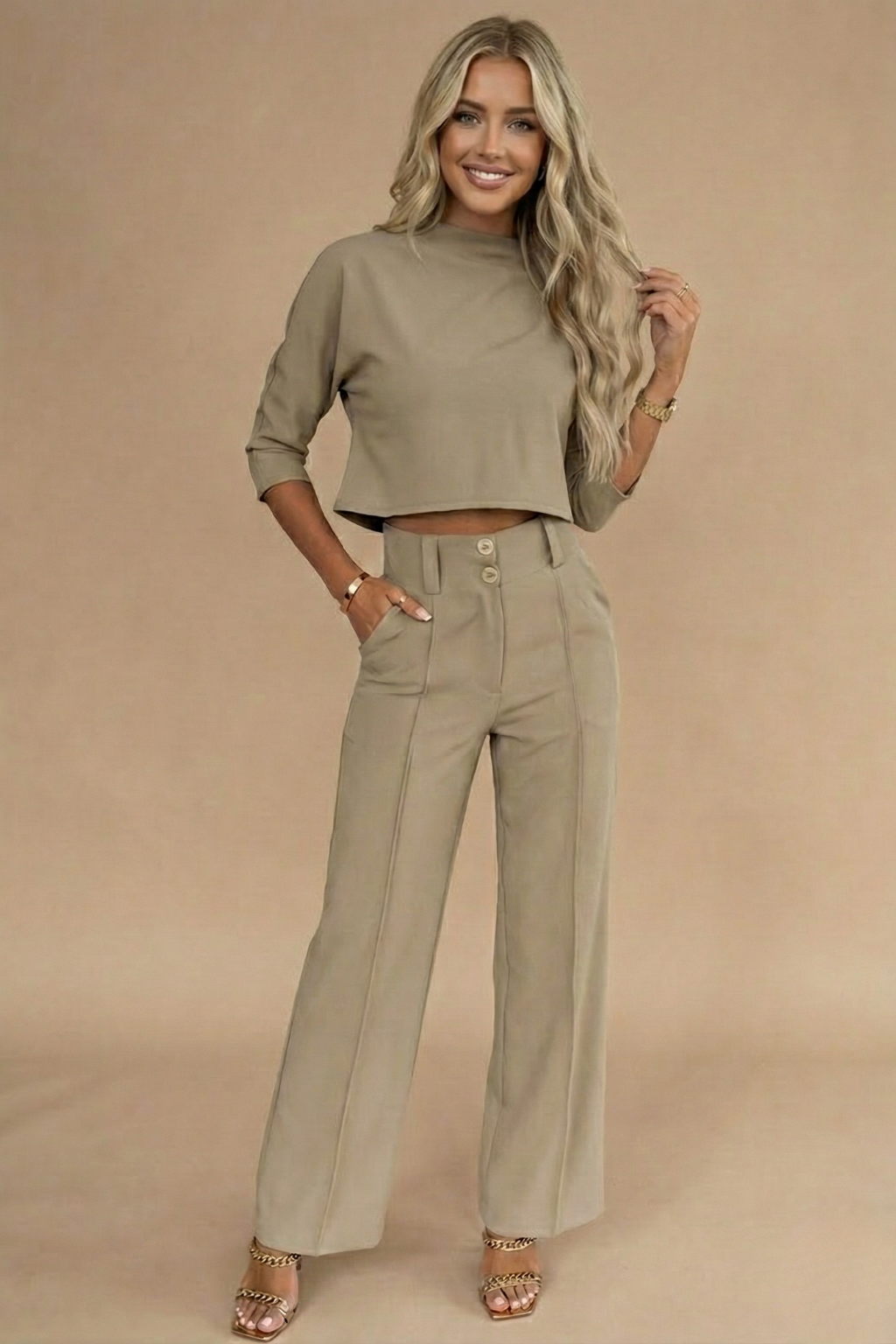 Women's Co-ord Set in khaki – Cropped Top and High Waist Wide Leg Trousers