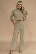 Women's Co-ord Set in khaki – Cropped Top and High Waist Wide Leg Trousers