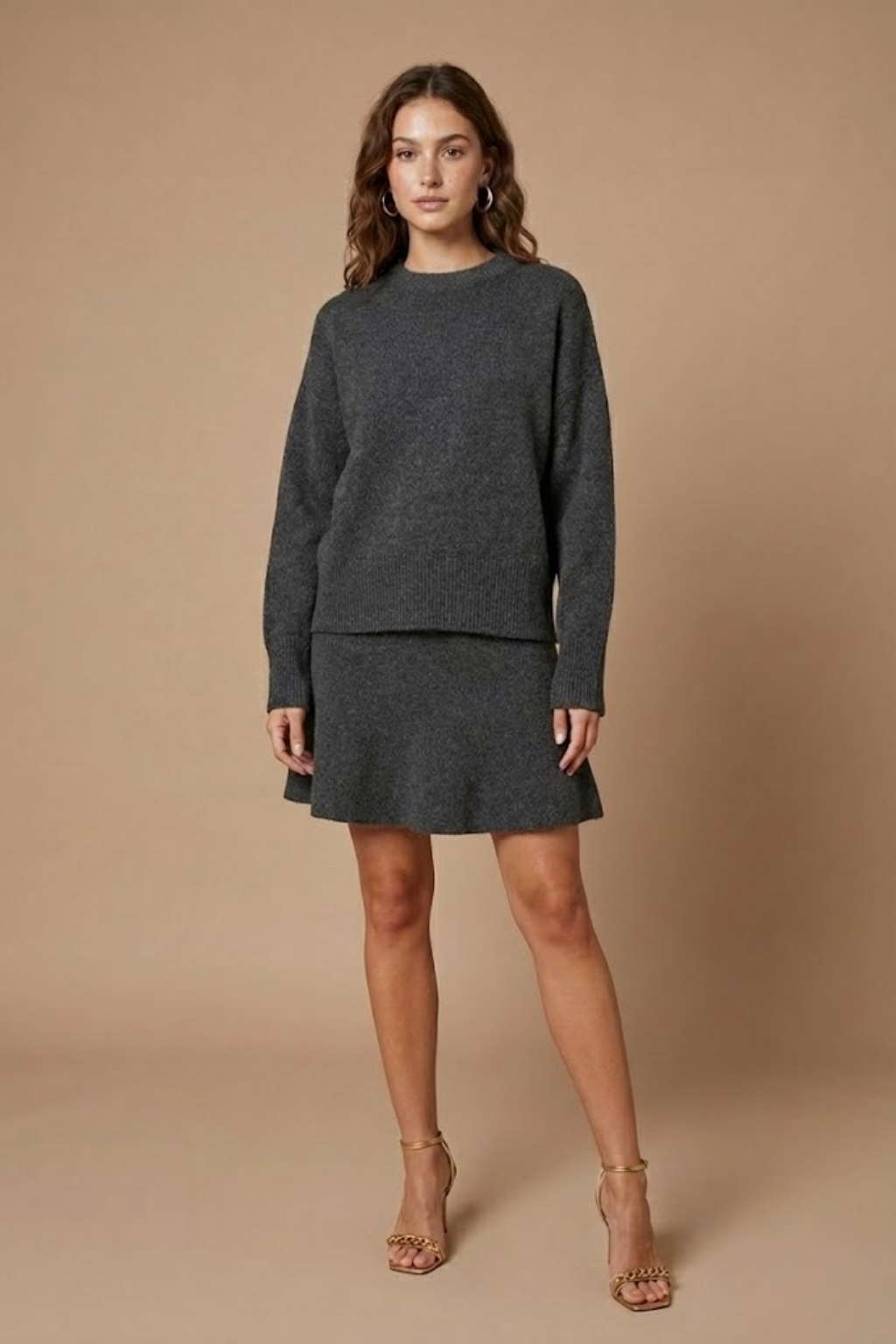 Women's Knitted Co-ord Set in grey – Crew Neck Jumper and Flared Mini Skirt