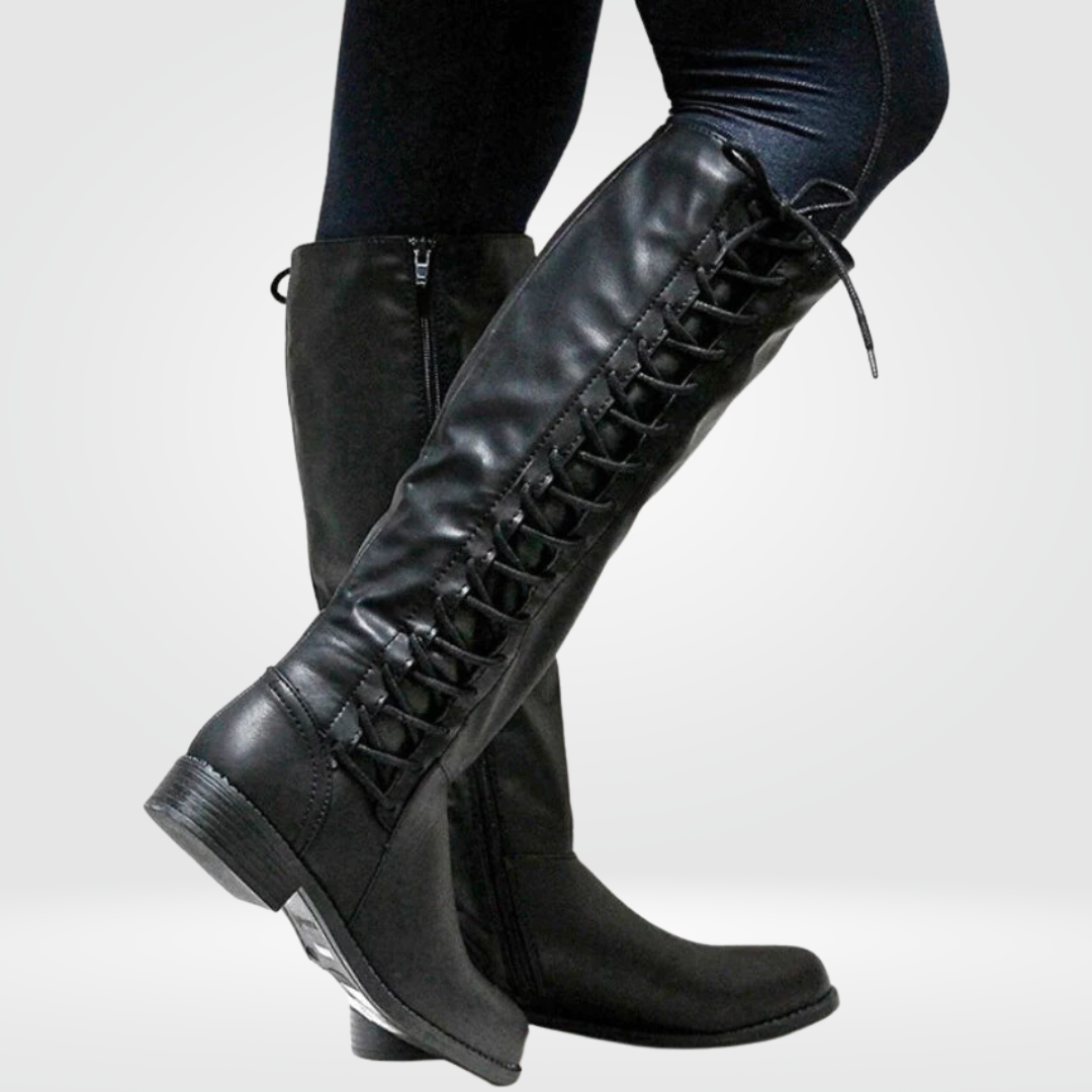Women's Knee High Boots in black – Lace Up Flat Riding Boots