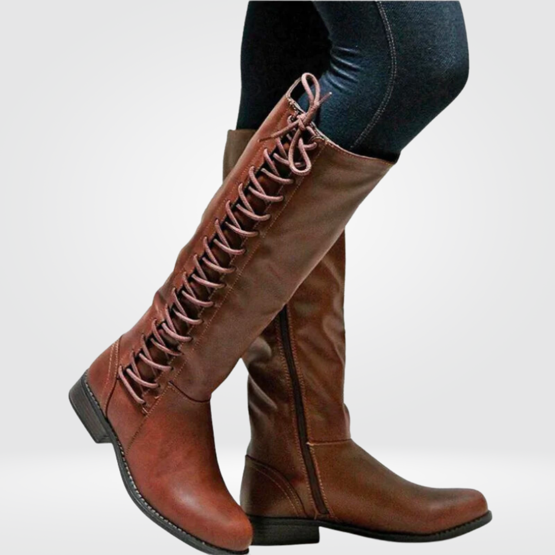 Women's Knee High Boots in brown – Lace Up Flat Riding Boots
